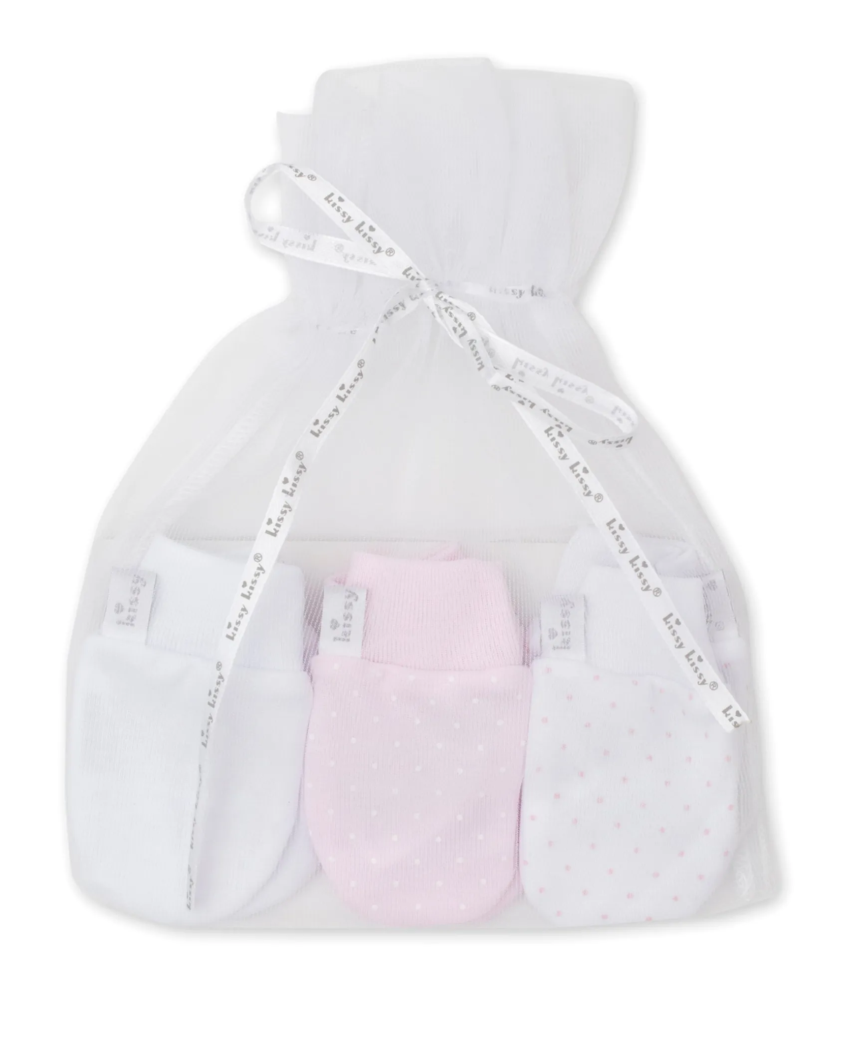 Kissy Dots 3 Pack Pink Mittens Set w/ Tulle Bag