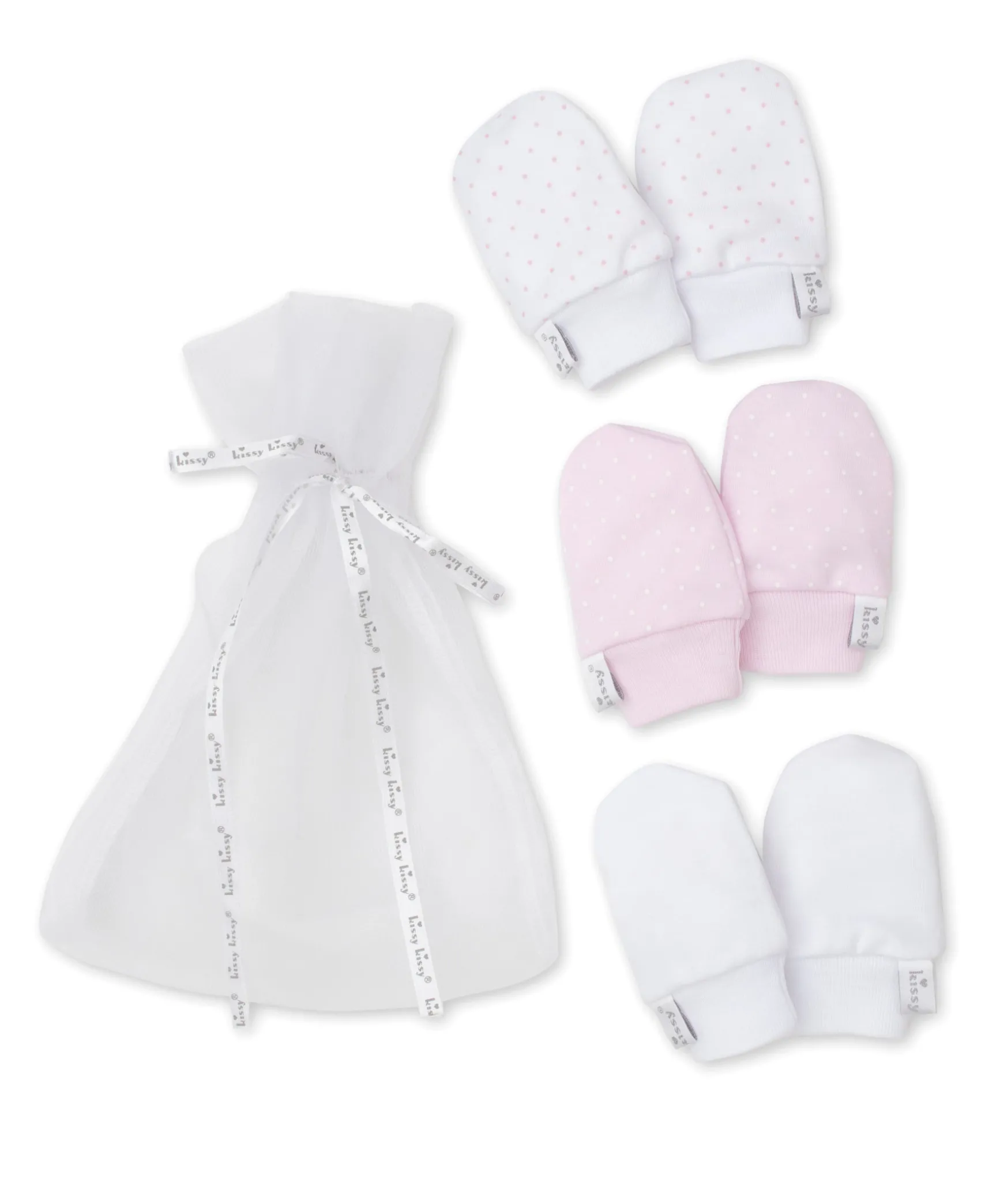 Kissy Dots 3 Pack Pink Mittens Set w/ Tulle Bag