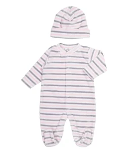 Pink Stripe Velour Footie & Hat Set