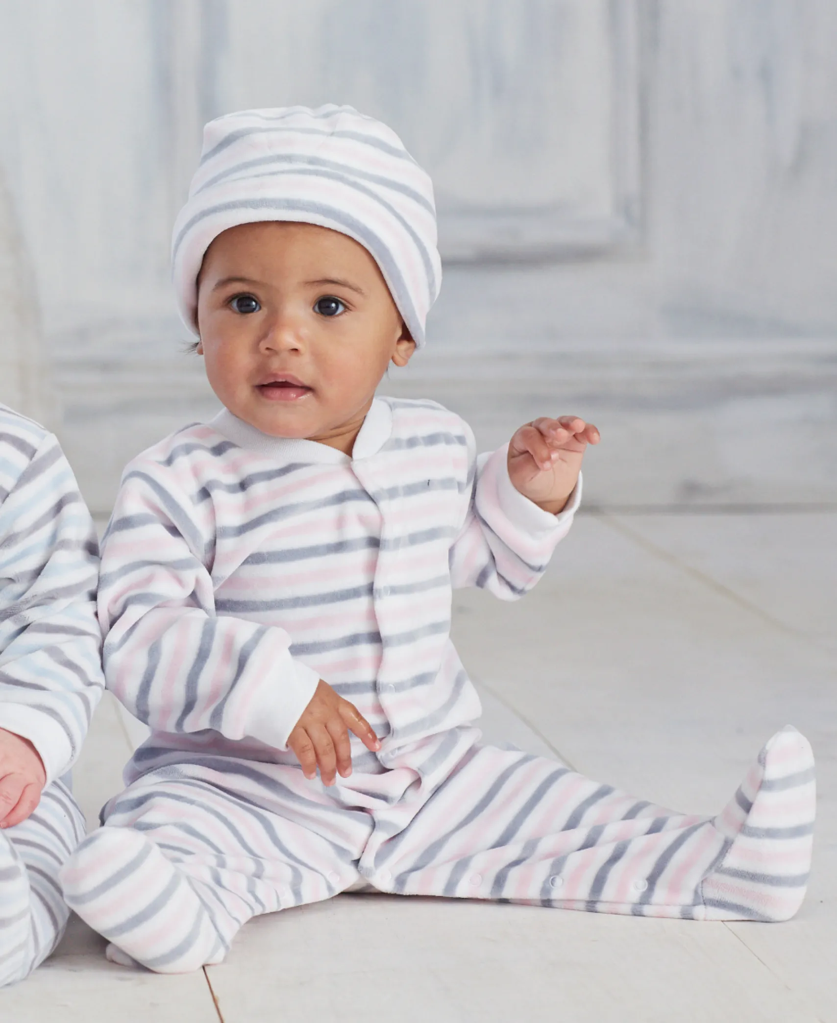 Pink Stripe Velour Footie & Hat Set